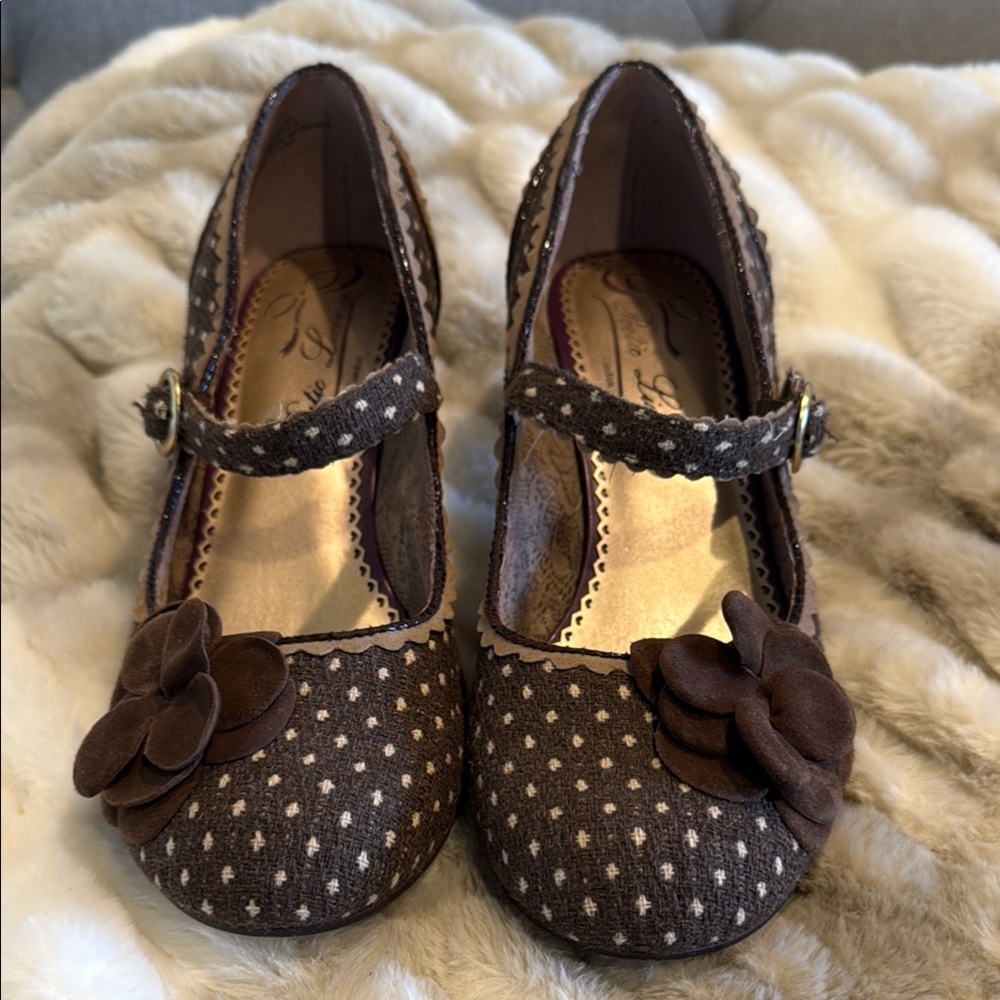 Poetic Licence London Brown Polka Dot heels with Flower Detail